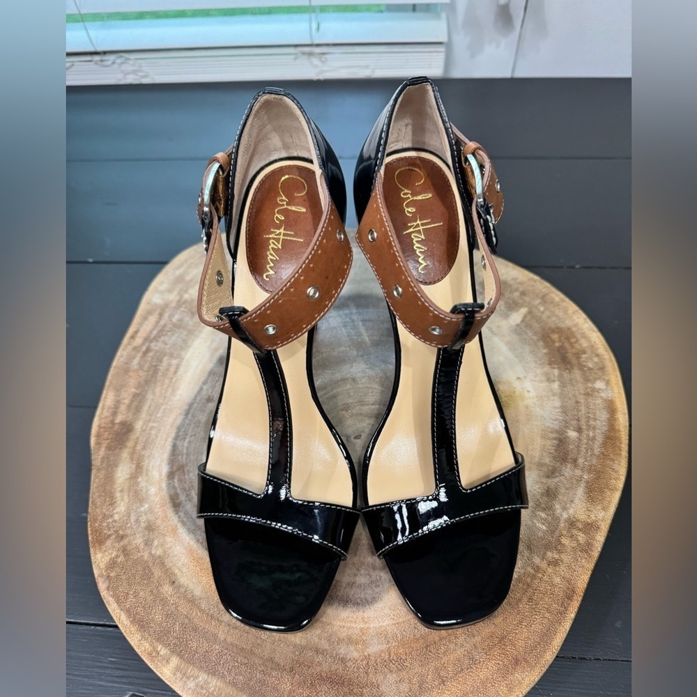 Cole Haan black patent leather heels with brown strap size 7AA